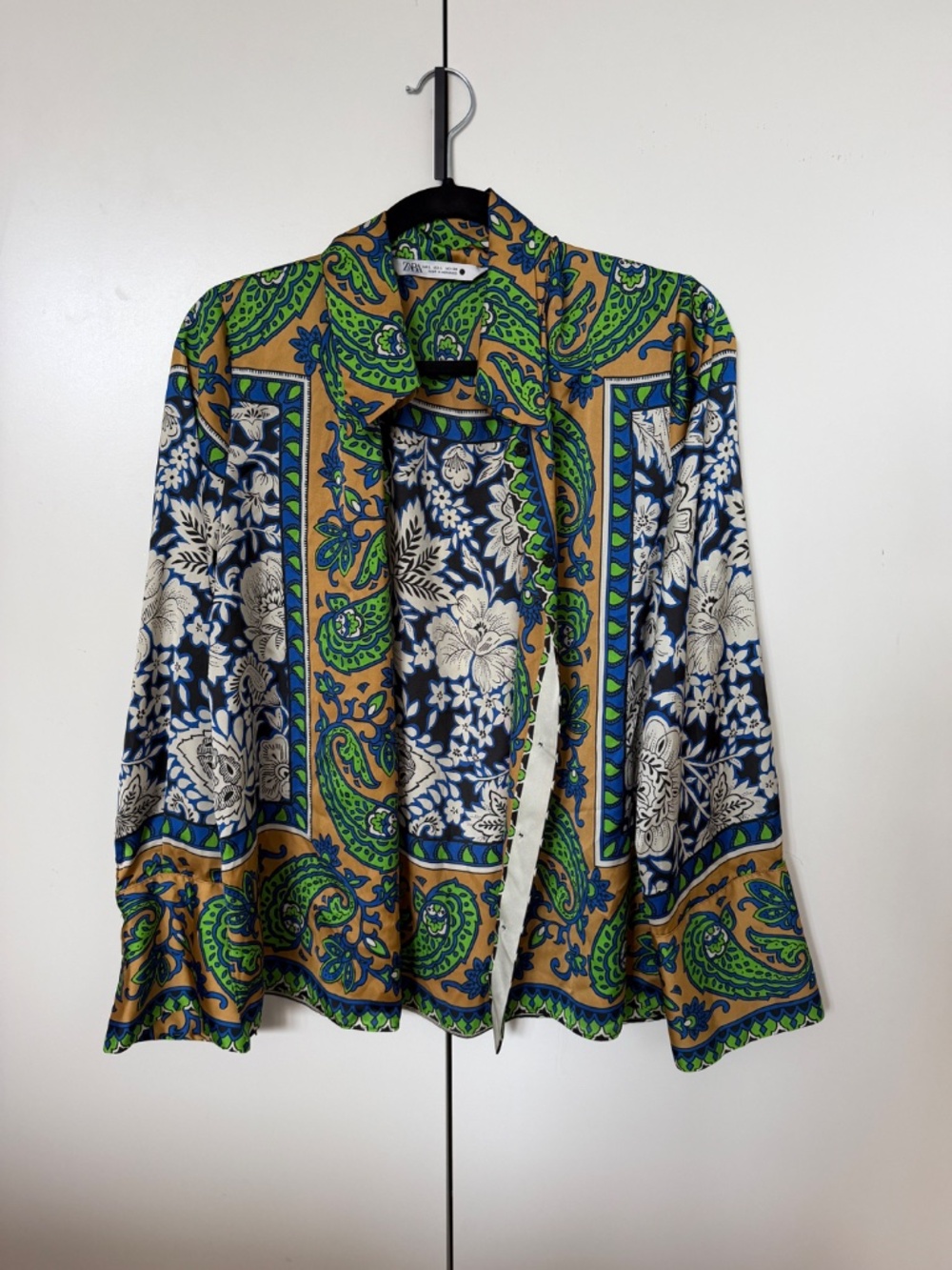 Zara Printed Matching Set NWT L Blouse + Wide Leg Pants Blue Green Paisley - Picture 5 of 8